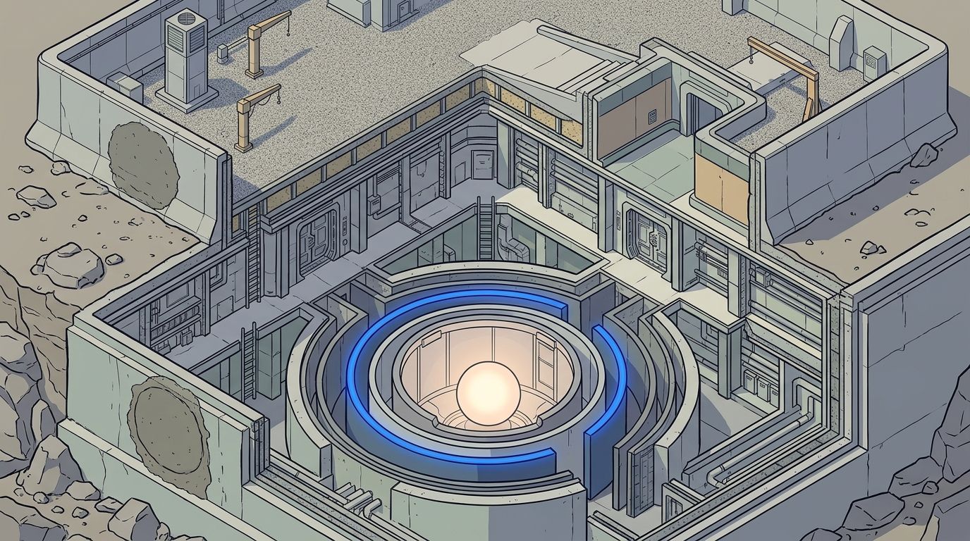 삽화 — 겹겹의 격납 벽과 에어록 안에 안치된 발광 코어, 바깥 경계벽의 봉인 패치. 격납 셸 테두리에 코발트 발광